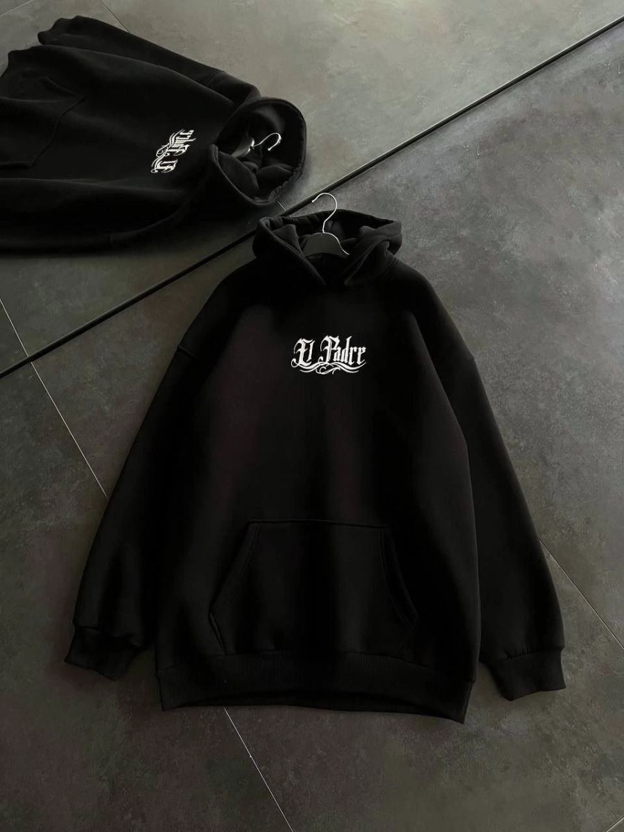 Kadın Oversize Kapüşonlu Cepli Baskılı 3 İplik Pamuklu Hoodie Sweatshirt - Siyah