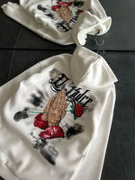 Kadın Oversize Kapüşonlu Cepli Baskılı 3 İplik Pamuklu Hoodie Sweatshirt - Beyaz