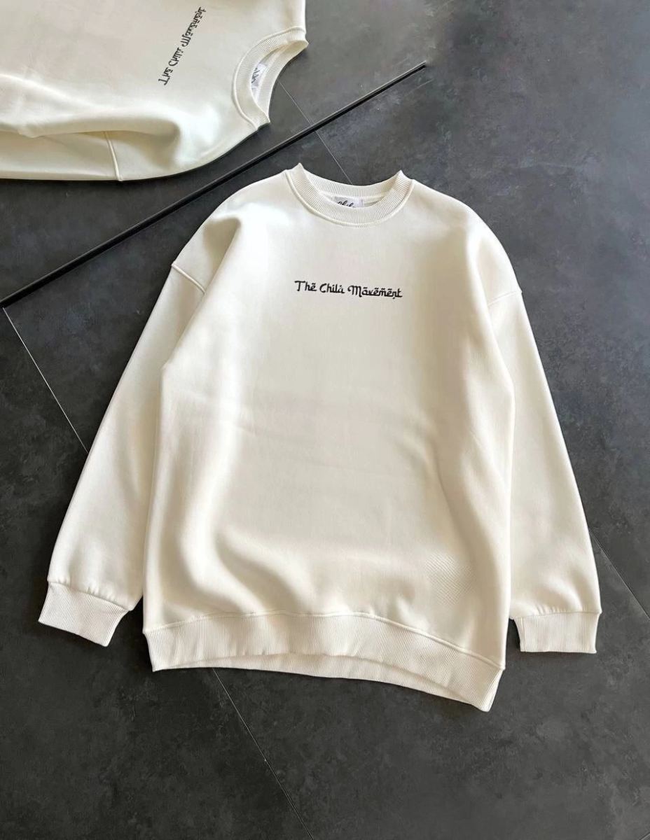 Kadın 3 İplik Pamuklu Bisiklet Yaka Baskılı SweatShirt - Beyaz