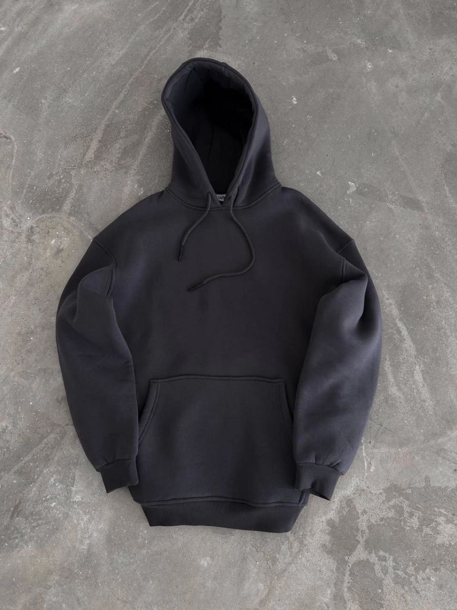 Kadın Kapüşonlu Kanguru Cepli 3 İplik Pamuklu Oversize Hoodie Sweatshirt - Füme