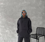 Kadın Kapüşonlu Kanguru Cepli 3 İplik Pamuklu Oversize Hoodie Sweatshirt - Füme
