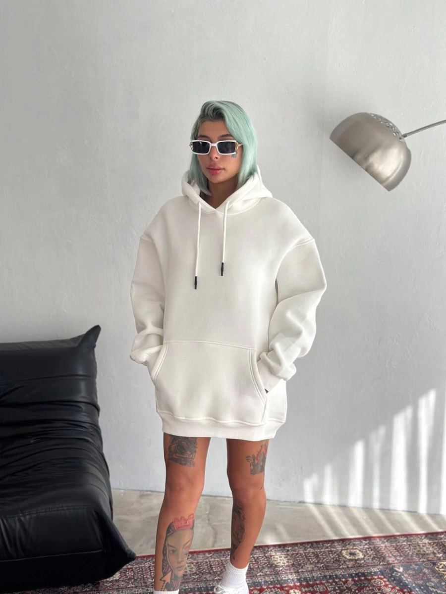 Kadın Kapüşonlu Kanguru Cepli 3 İplik Pamuklu Oversize Hoodie Sweatshirt - Beyaz