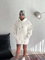 Kadın Kapüşonlu Kanguru Cepli 3 İplik Pamuklu Oversize Hoodie Sweatshirt - Beyaz