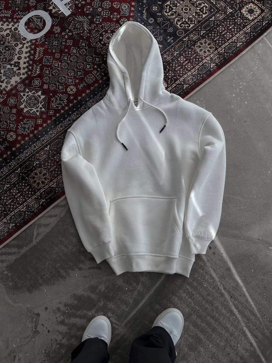 Kadın Kapüşonlu Kanguru Cepli 3 İplik Pamuklu Oversize Hoodie Sweatshirt - Beyaz