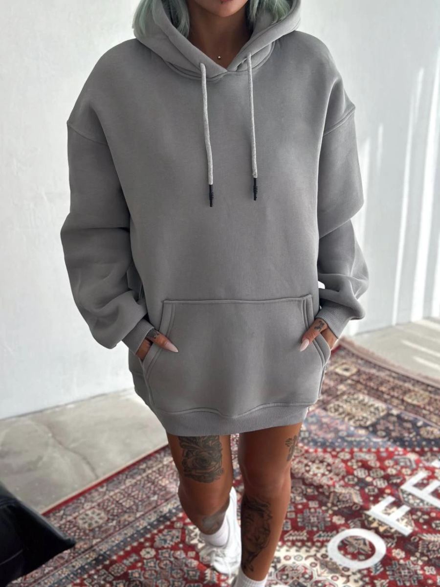 Kadın Kapüşonlu Kanguru Cepli 3 İplik Pamuklu Oversize Hoodie Sweatshirt -  Boyalı Gri