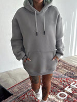 Kadın Kapüşonlu Kanguru Cepli 3 İplik Pamuklu Oversize Hoodie Sweatshirt -  Boyalı Gri