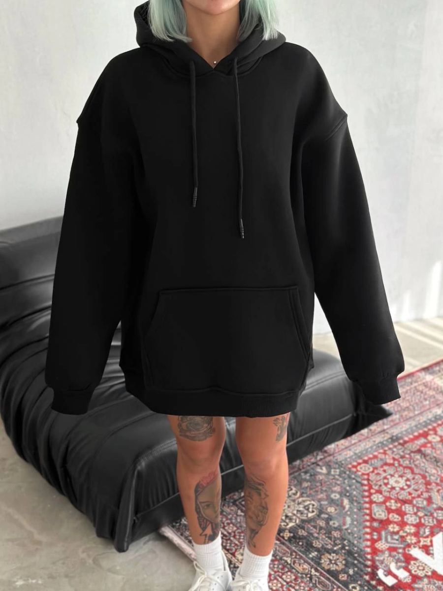 Kadın Kapüşonlu Kanguru Cepli 3 İplik Pamuklu Oversize Hoodie Sweatshirt - Siyah