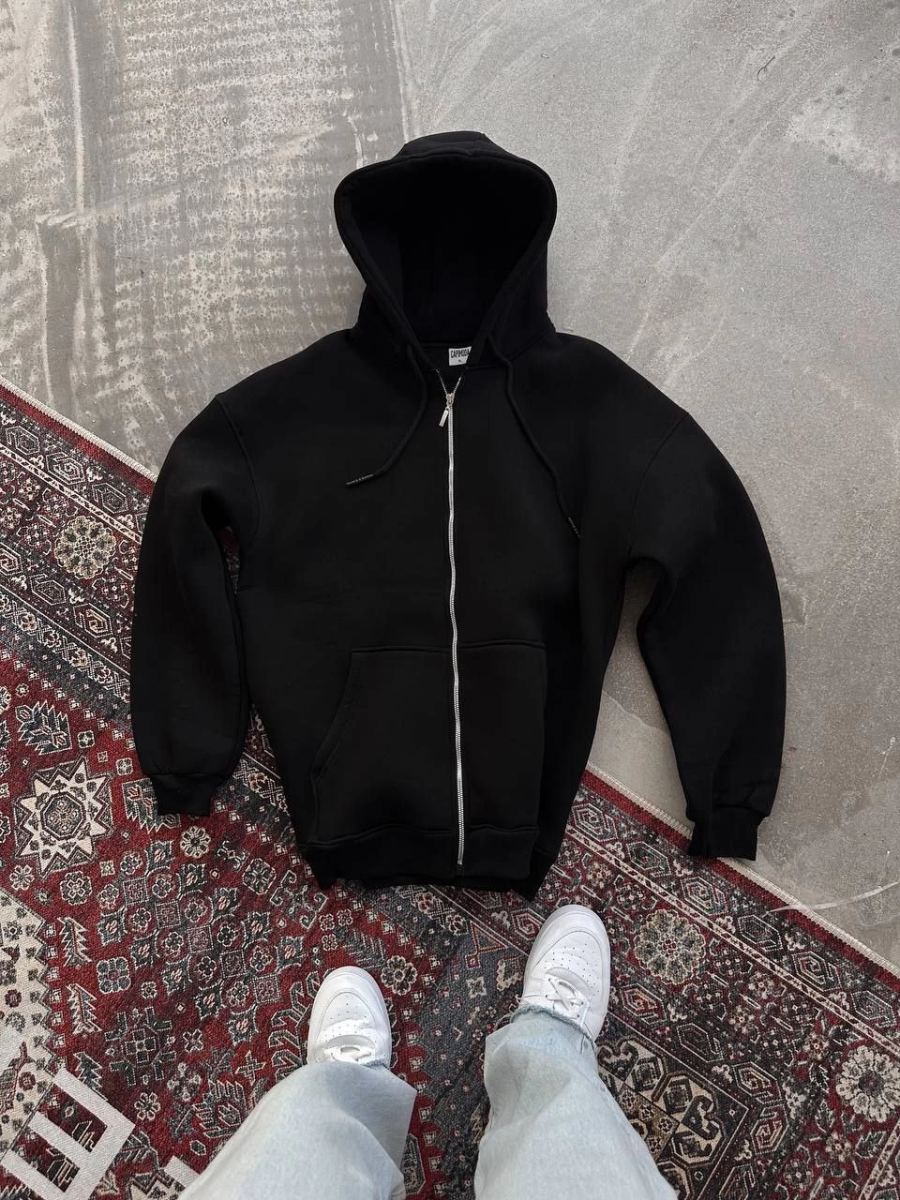Kadın Tam Fermuarlı Cepli Kapüşonlu 3 iplik pamuklu hoodie Sweatshirt - Siyah