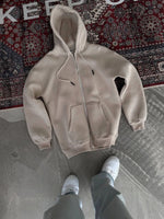 Kadın 3 İplik Pamuklu Kapüşonlu Kanguru Cepli Baskılı Oversize Hoodie Sweatshirt - Bej