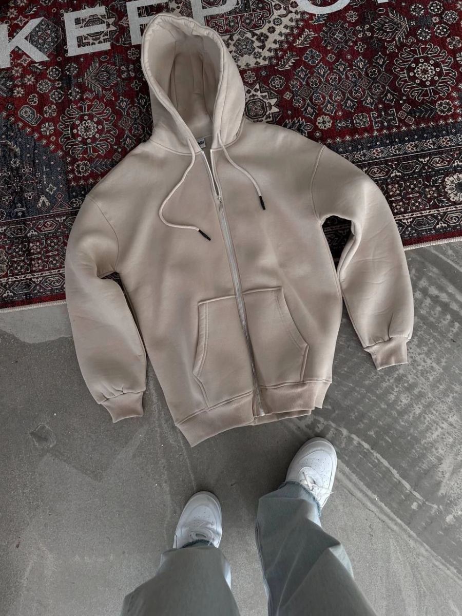 Kadın 3 İplik Pamuklu Kapüşonlu Kanguru Cepli Baskılı Oversize Hoodie Sweatshirt - Bej