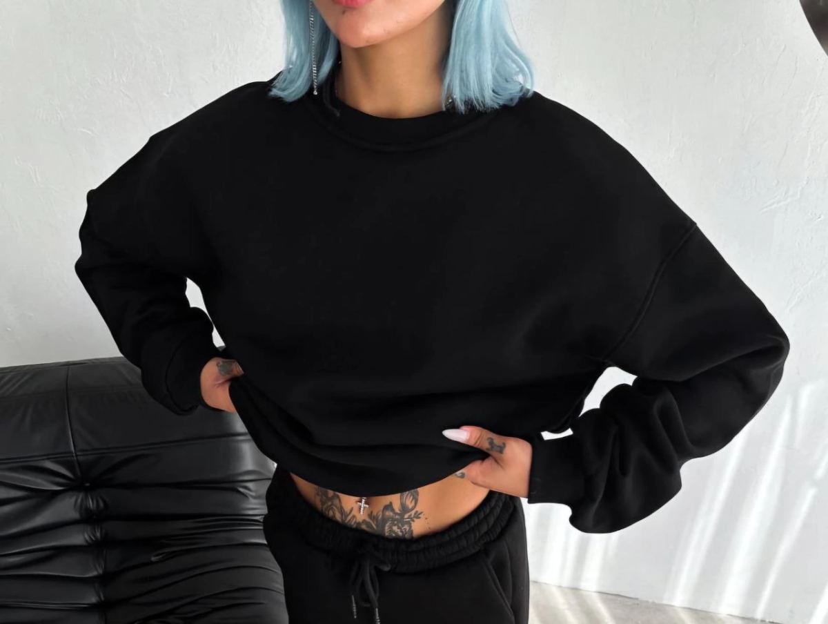 Kadın Bisiklet Yaka 3 İplik Pamuklu Basic SweatShirt - Siyah