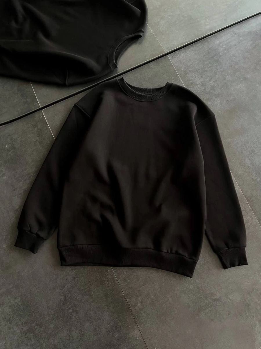 Kadın Bisiklet Yaka 3 İplik Pamuklu Basic SweatShirt - Siyah