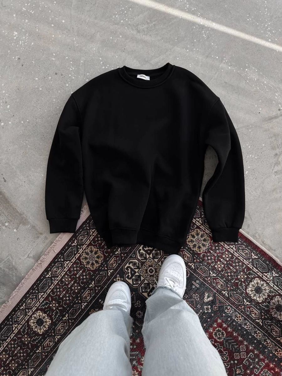 Kadın Bisiklet Yaka 3 İplik Pamuklu Basic SweatShirt - Siyah