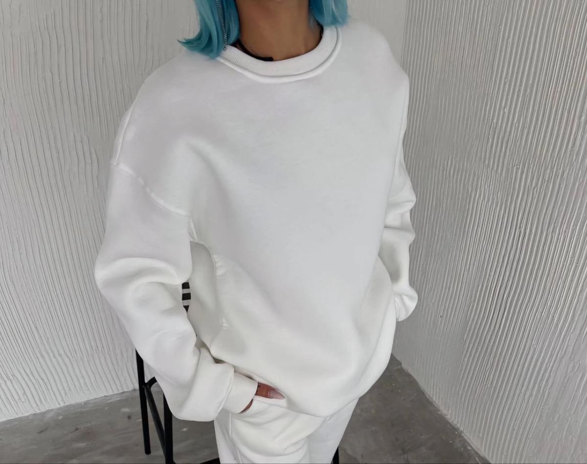 Kadın Bisiklet Yaka 3 İplik Pamuklu Basic SweatShirt - Beyaz