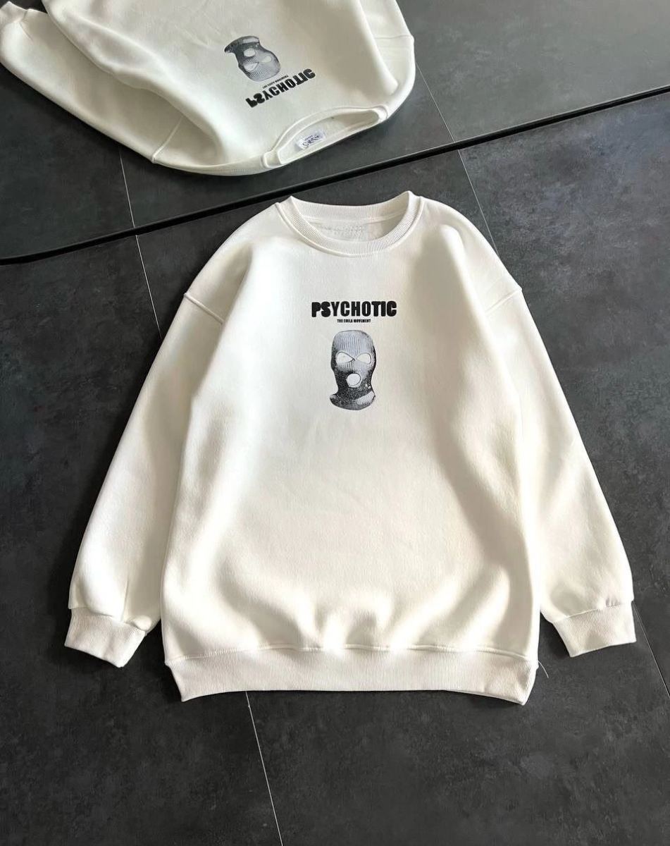 Kadın 3 iplik Kışlık Bisiklet Yaka Baskılı SweatShirt - Beyaz
