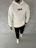 Erkek Kapüşonlu Kanguru Cepli Sweatshirt 3 İplik Pamuklu Baskılı Hoodie -  Beyaz