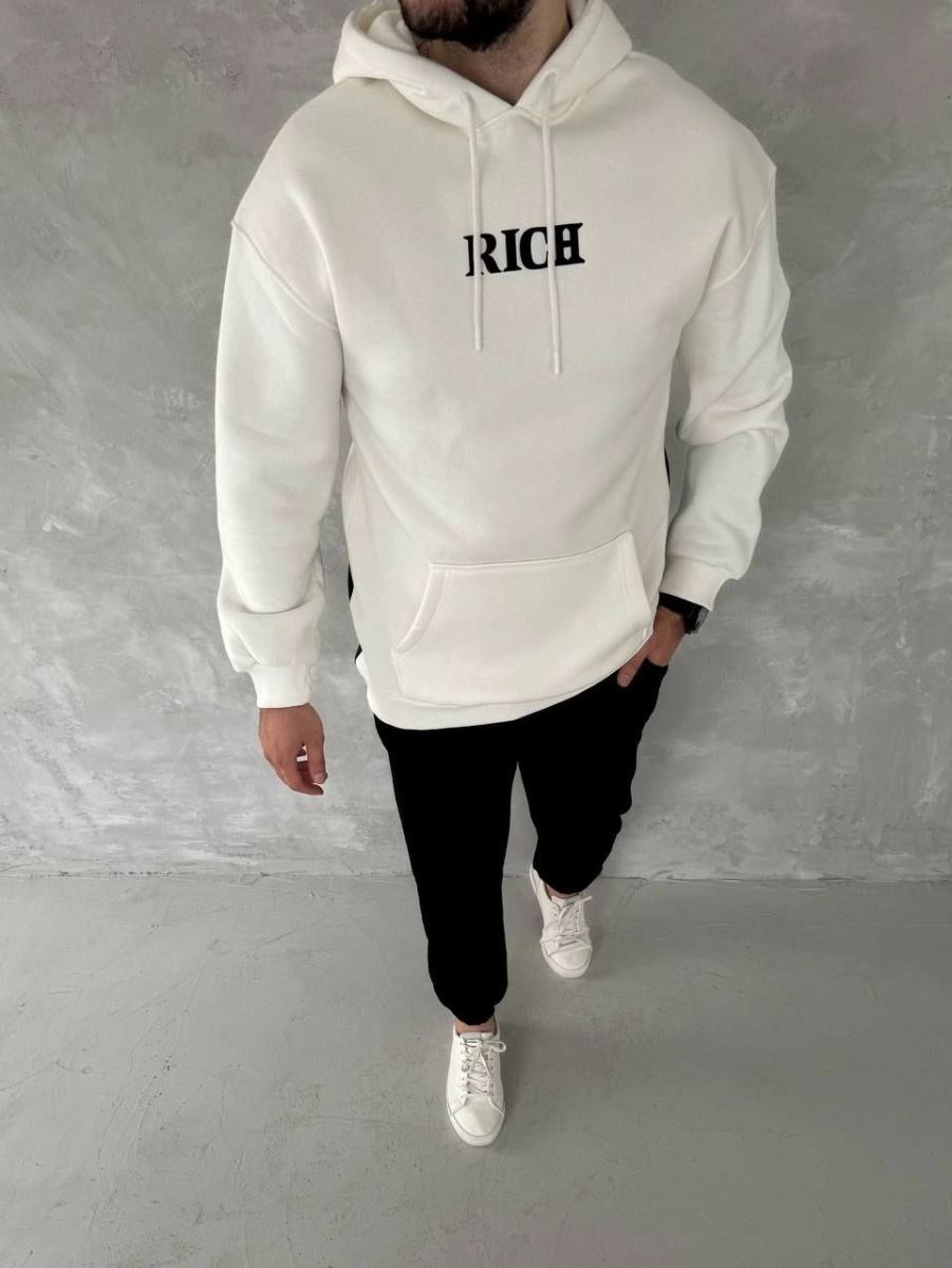 Erkek Kapüşonlu Kanguru Cepli Sweatshirt 3 İplik Pamuklu Baskılı Hoodie -  Beyaz