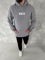 Erkek 3 İplik Pamuklu Kapüşonlu Kanguru Cepli Baskılı Oversize Hoodie Sweatshirt - Gri