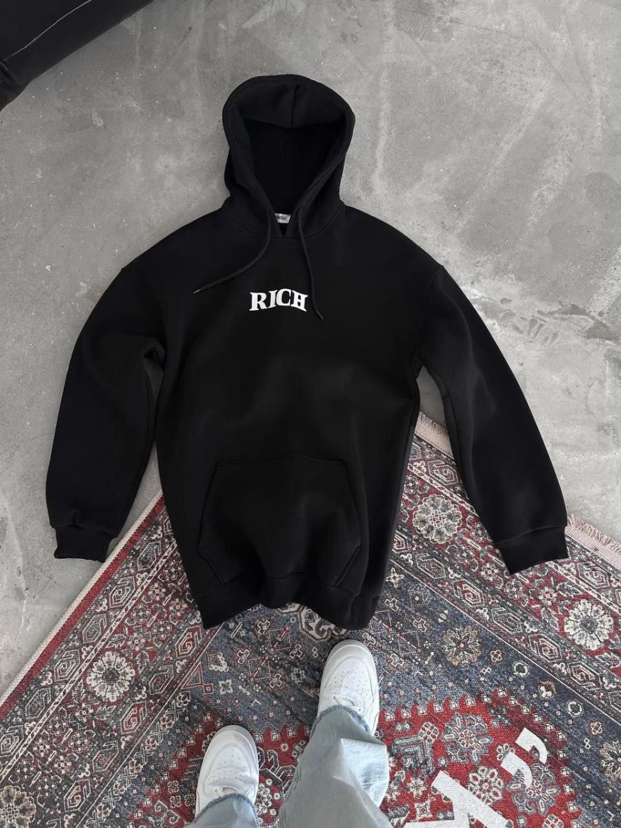 Kadın Kapüşonlu Kanguru Cepli Sweatshirt 3 İplik Pamuklu Baskılı Hoodie - Siyah