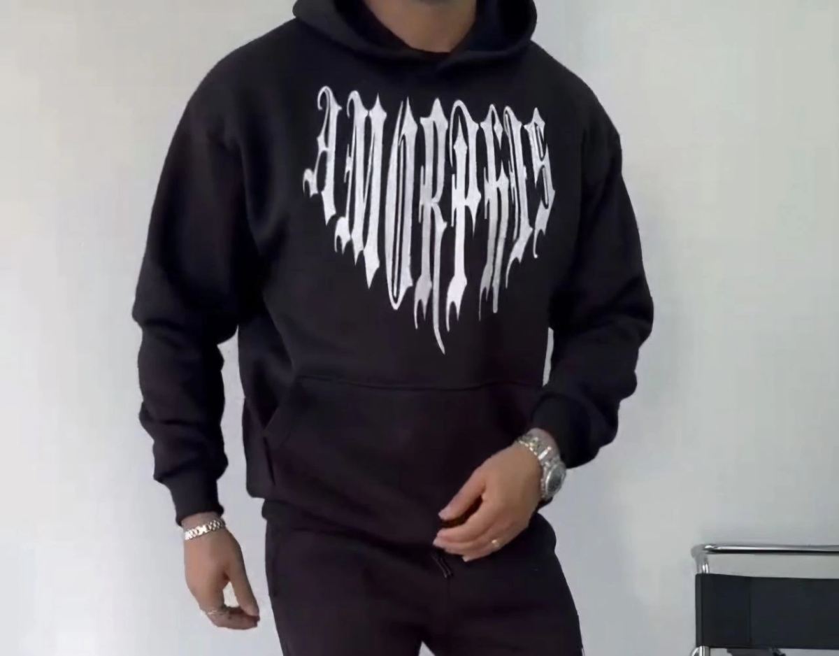 Erkek Kapüşonlu Kanguru Cepli Sweatshirt 3 İplik Pamuklu Baskılı Hoodie -  Siyah