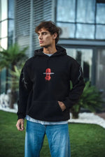 Erkek Kapüşonlu Kanguru Cepli Sweatshirt 3 İplik Pamuklu Baskılı Hoodie -  Siyah