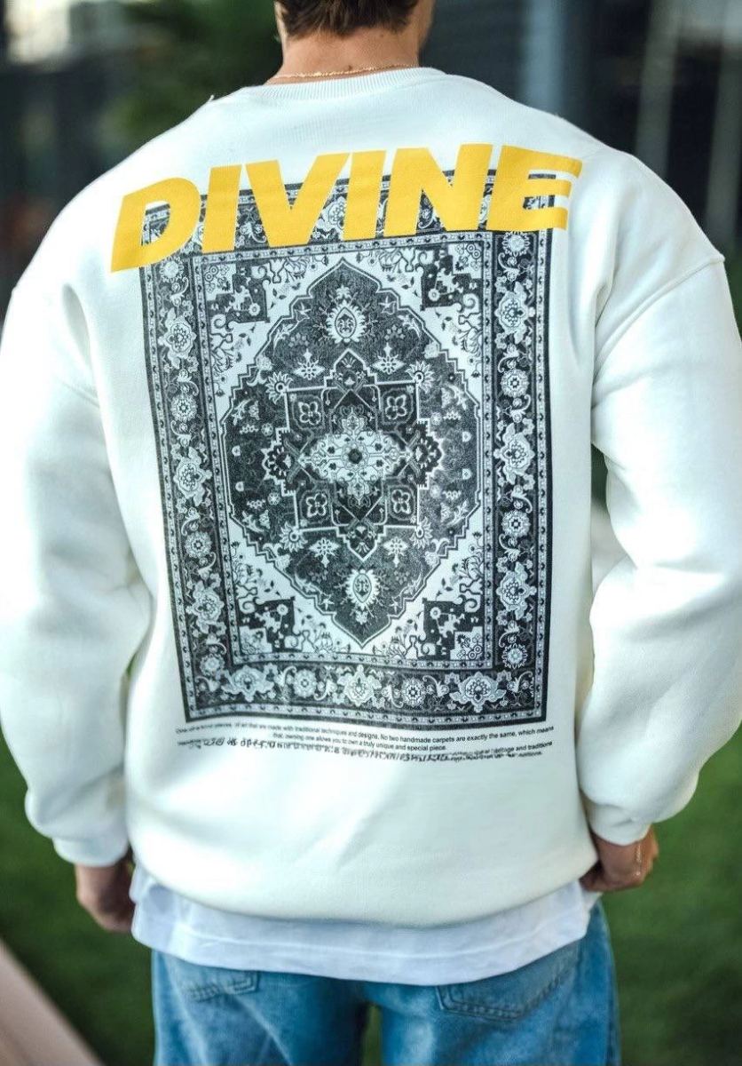 Erkek 3 iplik pamuklu Kışlık Bisiklet Yaka Baskılı SweatShirt - Beyaz