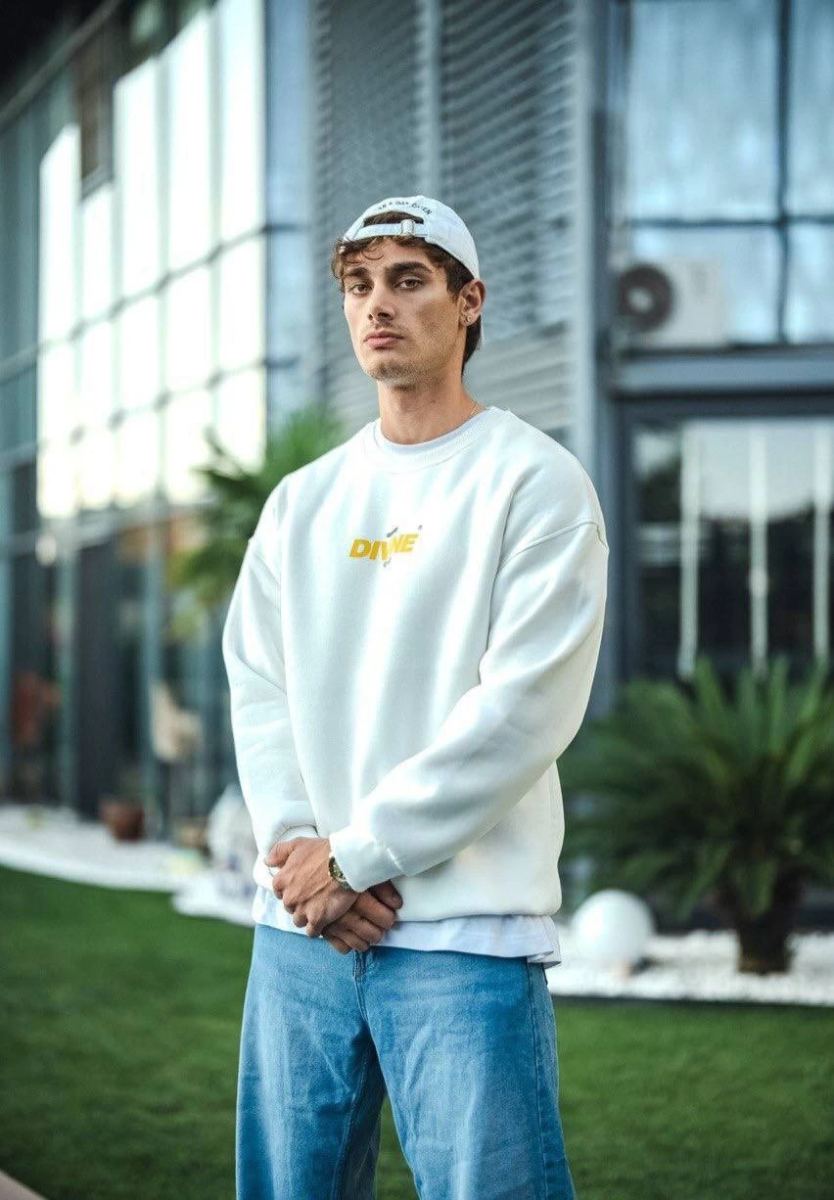 Erkek 3 iplik pamuklu Kışlık Bisiklet Yaka Baskılı SweatShirt - Beyaz