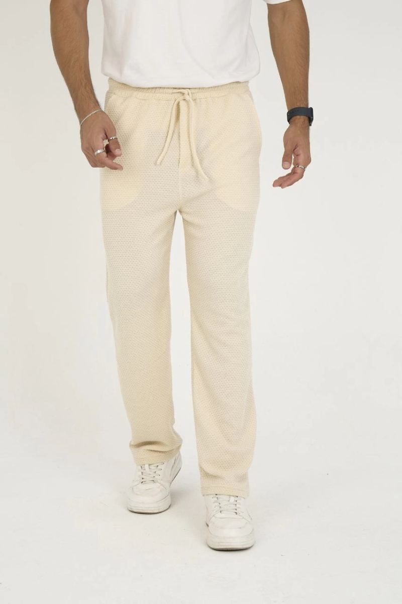 Erkek Jakar Kutu Desenli Baggy Eşofman Pantolon - Bej