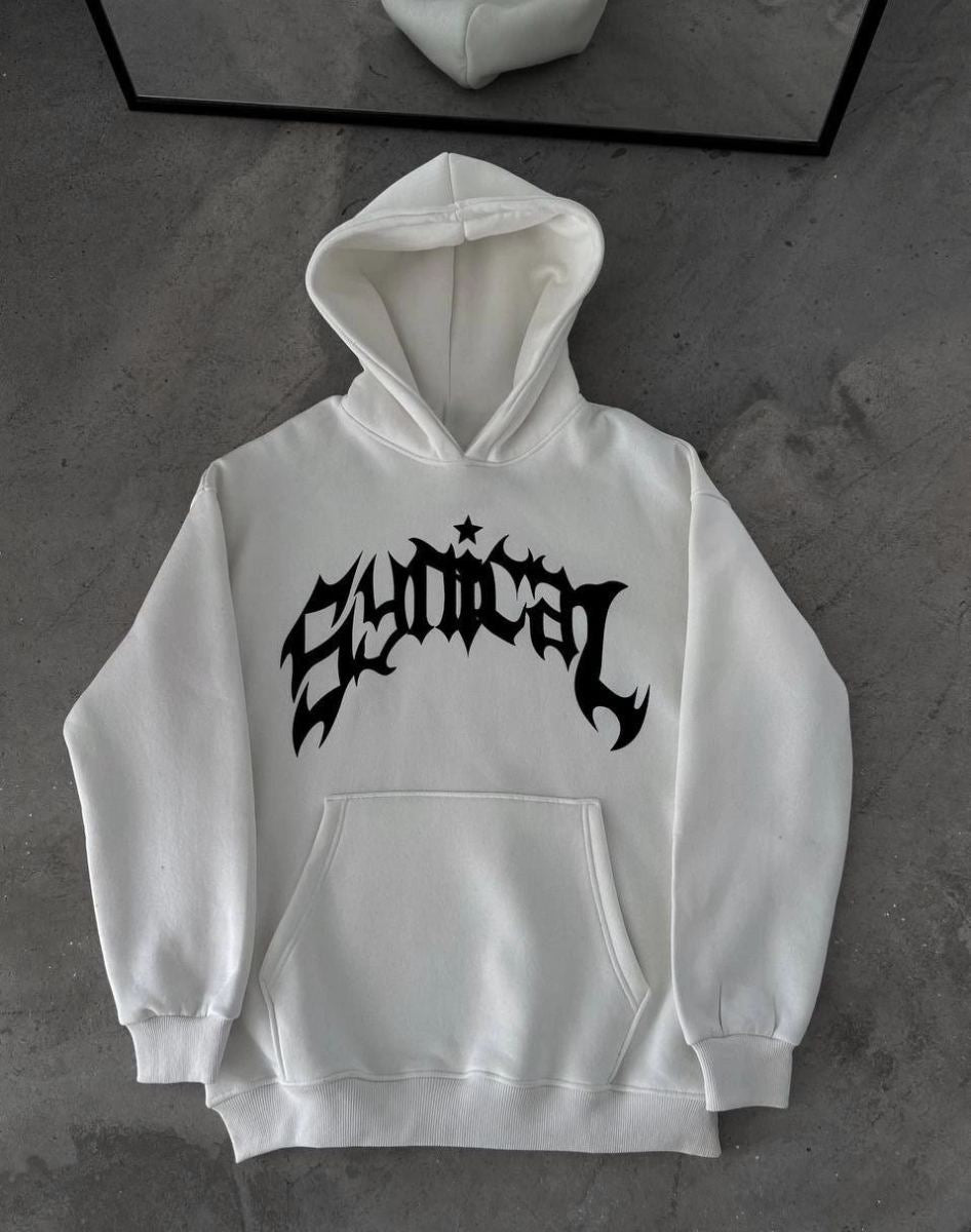 Kadın Kapüşonlu Kanguru Cepli Sweatshirt 3 İplik Pamuklu Baskılı Hoodie -  Beyaz