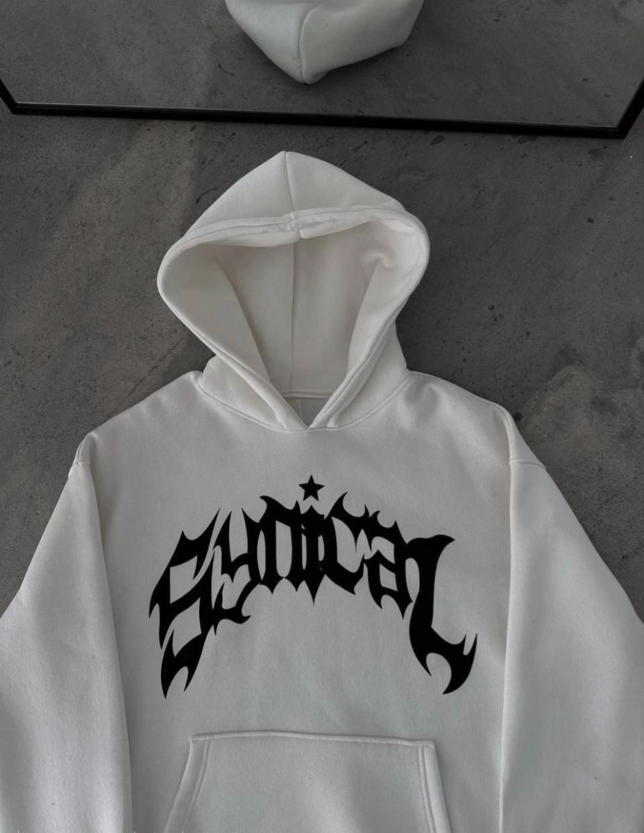 Kadın Kapüşonlu Kanguru Cepli Sweatshirt 3 İplik Pamuklu Baskılı Hoodie -  Beyaz