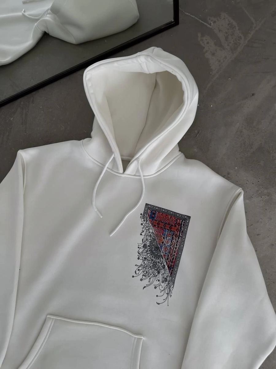 Erkek Kapüşonlu Kanguru Cepli Sweatshirt 3 İplik Pamuklu Baskılı Hoodie - Beyaz