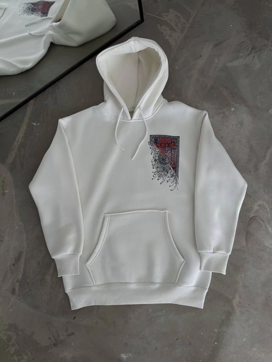 Erkek Kapüşonlu Kanguru Cepli Sweatshirt 3 İplik Pamuklu Baskılı Hoodie - Beyaz