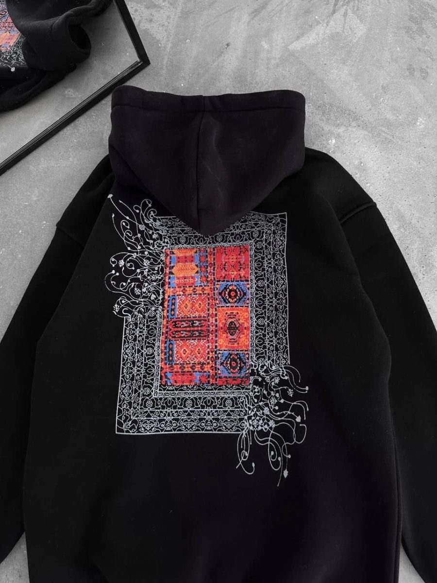 Erkek Kapüşonlu Kanguru Cepli Sweatshirt 3 İplik Pamuklu Baskılı Hoodie - Siyah