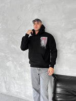 Erkek Kapüşonlu Kanguru Cepli Sweatshirt 3 İplik Pamuklu Baskılı Hoodie - Siyah