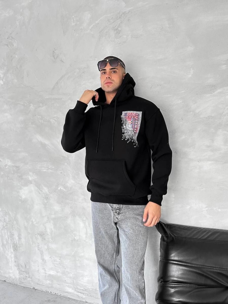 Erkek Kapüşonlu Kanguru Cepli Sweatshirt 3 İplik Pamuklu Baskılı Hoodie - Siyah
