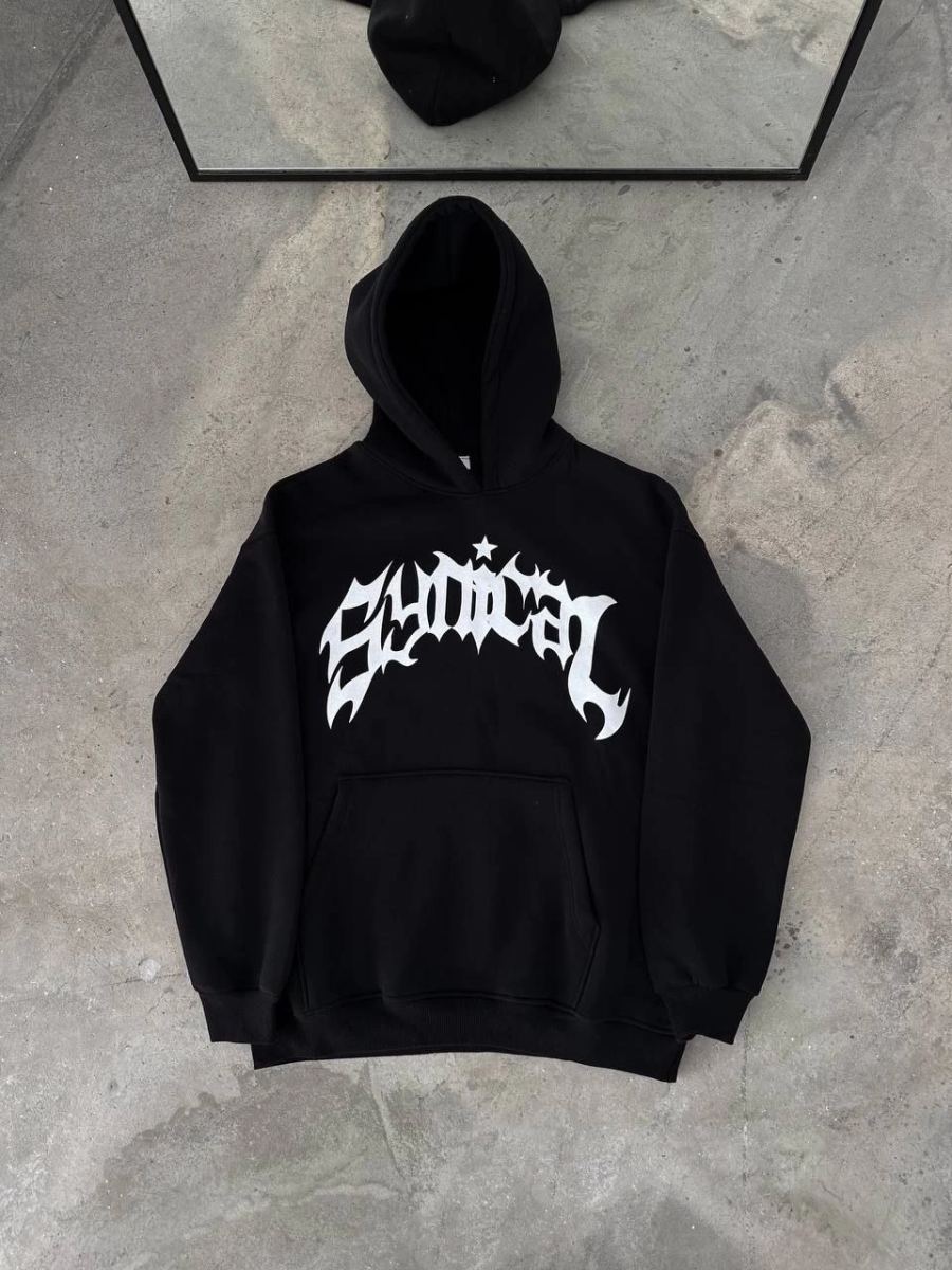 Erkek Kapüşonlu Kanguru Cepli Sweatshirt 3 İplik Pamuklu Baskılı Hoodie - Siyah