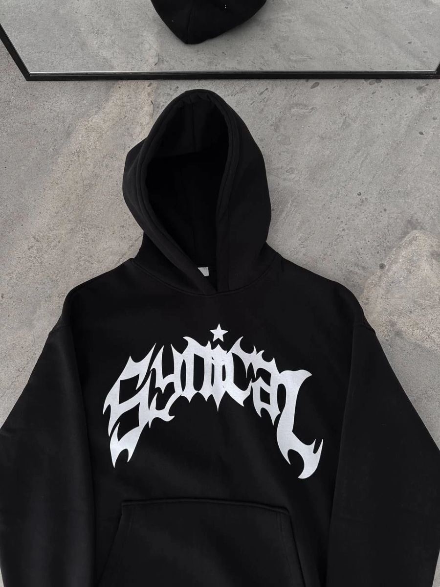 Erkek Kapüşonlu Kanguru Cepli Sweatshirt 3 İplik Pamuklu Baskılı Hoodie - Siyah