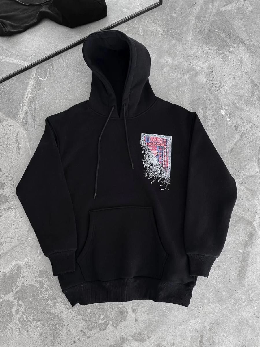 Kadın Kapüşonlu Kanguru Cepli Sweatshirt 3 İplik Pamuklu Baskılı Hoodie - Siyah