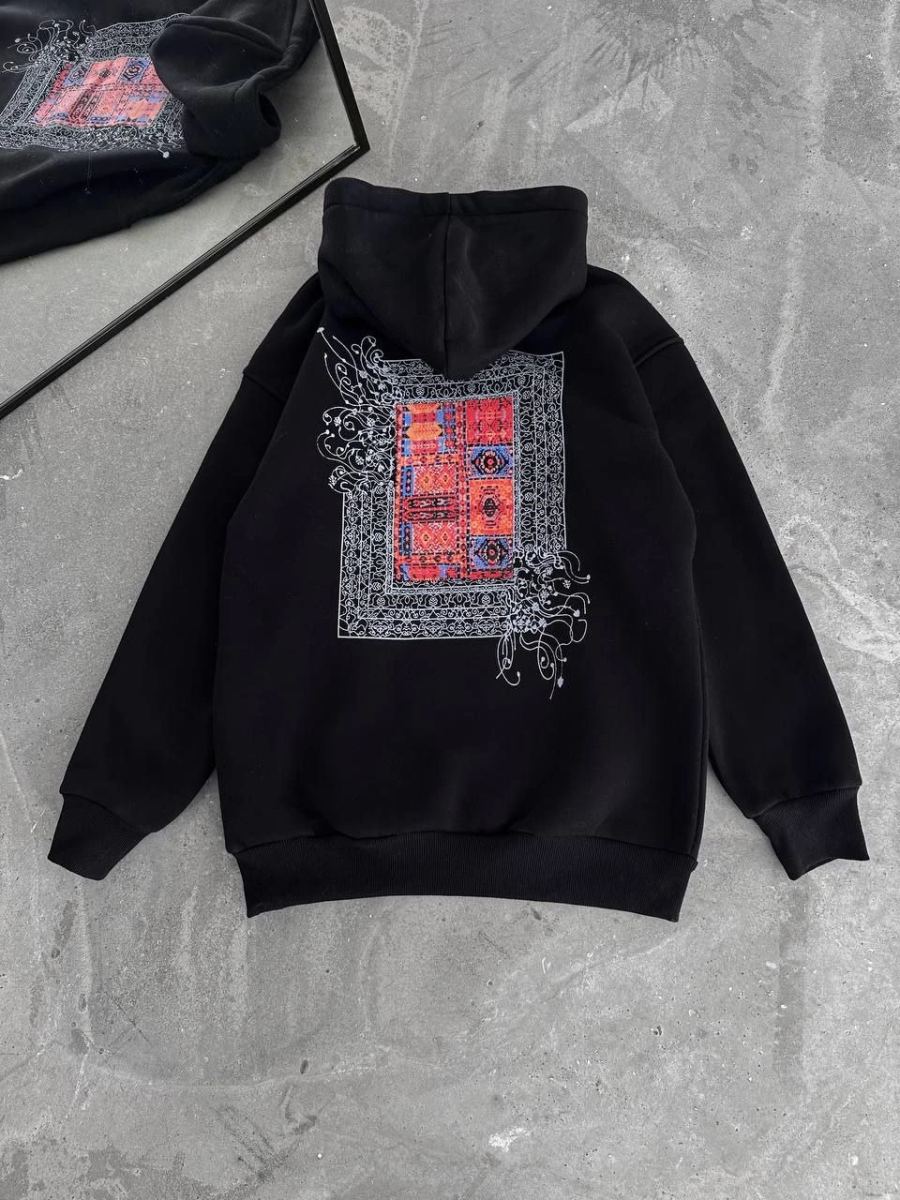 Kadın Kapüşonlu Kanguru Cepli Sweatshirt 3 İplik Pamuklu Baskılı Hoodie - Siyah