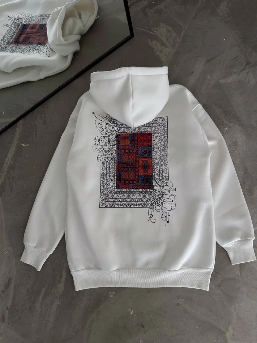 Kadın Kapüşonlu Kanguru Cepli Sweatshirt 3 İplik Pamuklu Baskılı Hoodie - Beyaz