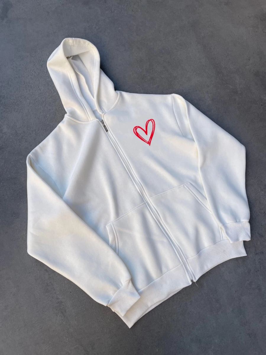 Kadın 3 İplik Pamuklu Fermuarlı Kapüşonlu Sweatshirt hoodie Hırka - Beyaz