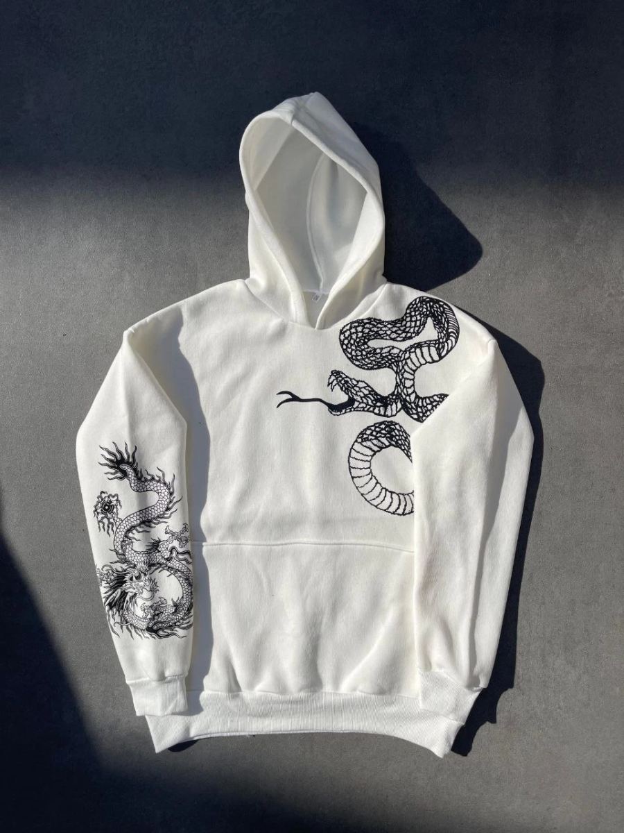 Kadın Oversize Kapüşonlu Kanguru Cepli Baskılı 3 İplik Pamuklu Sweatshirt Hoodie -   Beyaz