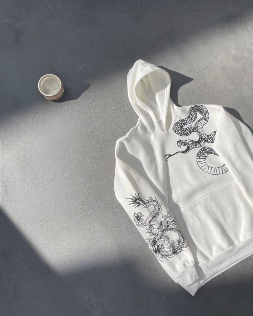 Kadın Oversize Kapüşonlu Kanguru Cepli Baskılı 3 İplik Pamuklu Sweatshirt Hoodie -   Beyaz