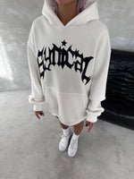 Kadın Oversize Kapüşonlu Cepli Baskılı 3 İplik Pamuklu Hoodie Sweatshirt - Beyaz