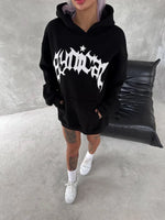 Kadın Oversize Kapüşonlu Cepli Baskılı 3 İplik Pamuklu Hoodie Sweatshirt - Siyah