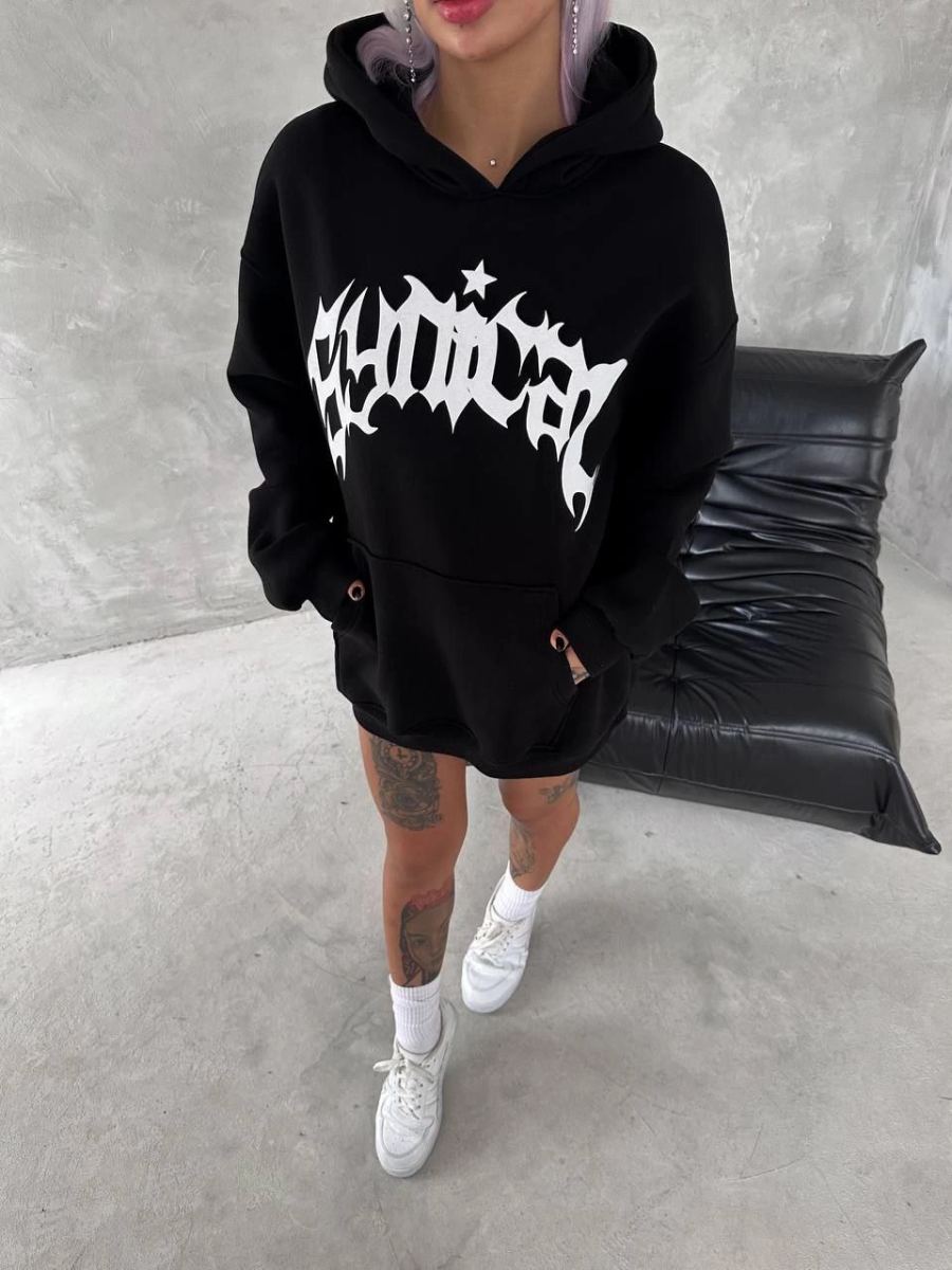 Kadın Oversize Kapüşonlu Cepli Baskılı 3 İplik Pamuklu Hoodie Sweatshirt - Siyah