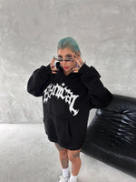 Kadın Oversize Kapüşonlu Cepli Baskılı 3 İplik Pamuklu Hoodie Sweatshirt - Siyah