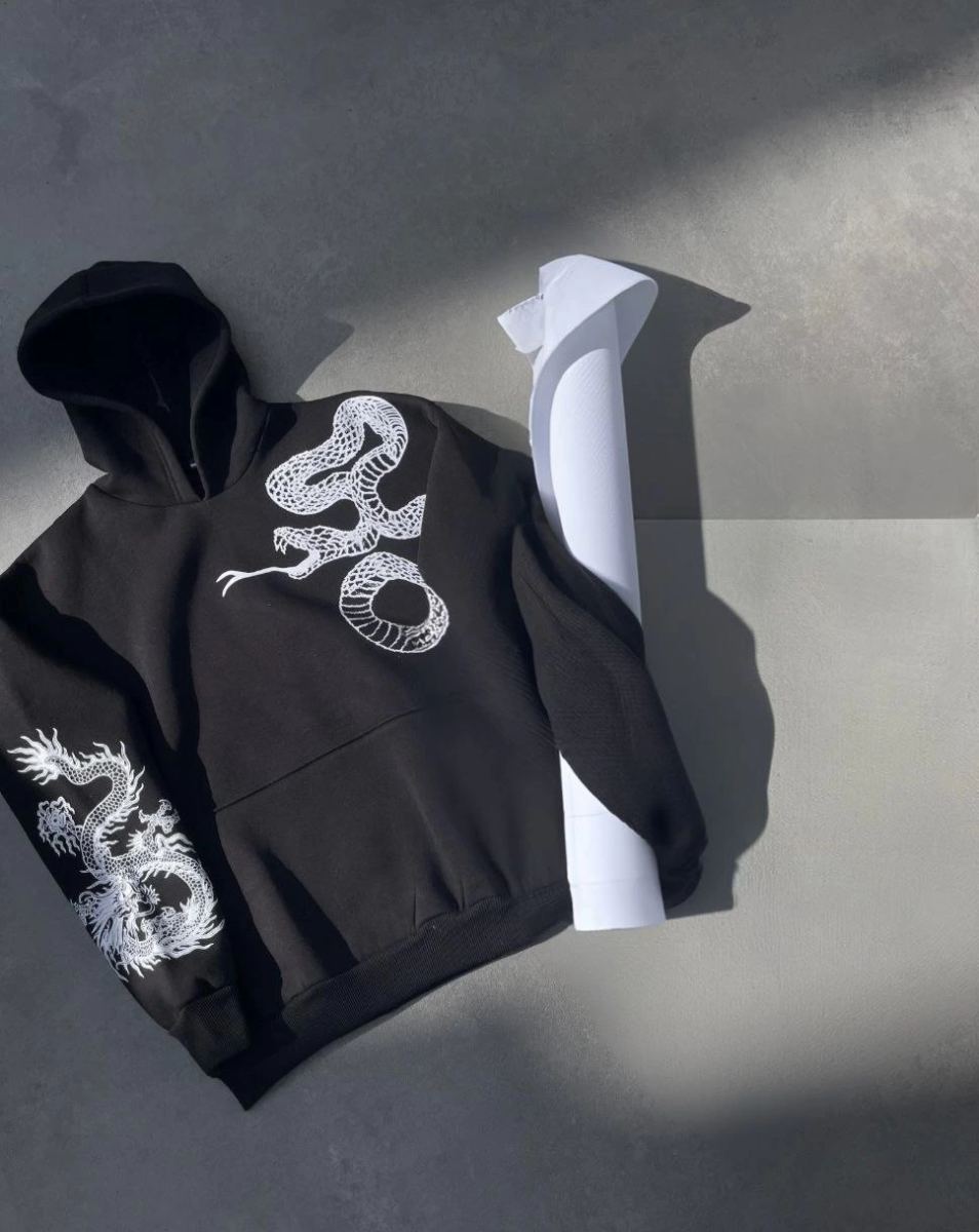 Erkek 3 İplik Pamuklu Kapüşonlu Baskılı Cepli Oversize Sweatshirt Hoodie - Siyah