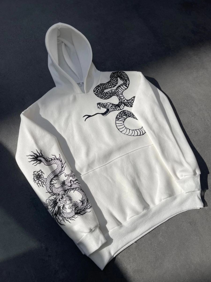 Erkek 3 İplik Pamuklu Kapüşonlu Baskılı Cepli Oversize Sweatshirt Hoodie - Beyaz