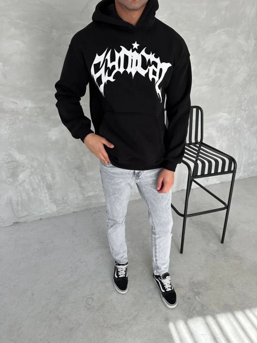Erkek 3 İplik Pamuklu Kapüşonlu Baskılı Cepli Oversize Sweatshirt Hoodie - Siyah